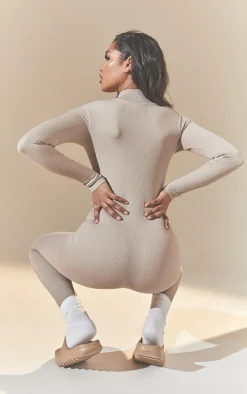 Stone Structured Snatched Rib Zip Jumpsuit