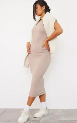 Stone Structured Snatched Rib Racer Neck Midaxi Dress