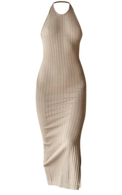 Stone Structured Snatched Rib Halterneck Scoop Maxi Dress