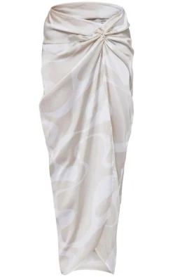 Stone Swirl Print Satin Knot Side Midaxi Skirt