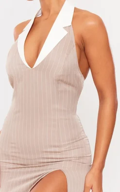 Stone Tailored Woven Pin Stripe Contrast Collar Bodycon Dress