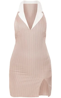 Stone Tailored Woven Pin Stripe Contrast Collar Bodycon Dress