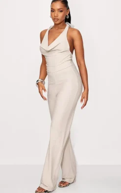 Stone Textured Halterneck Cowl Wide Leg Jumpsuit