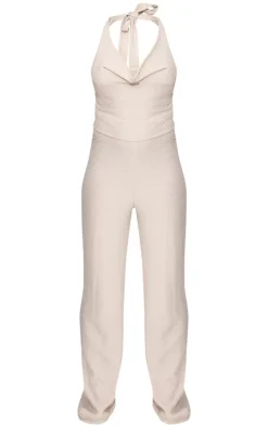 Stone Textured Halterneck Cowl Wide Leg Jumpsuit