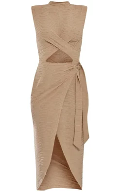 Stone Textured High Neck Cross Waist Wrap Midi Dress