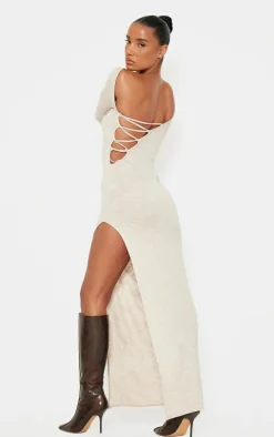 Stone Textured Lace Up Back Detail Maxi Dress