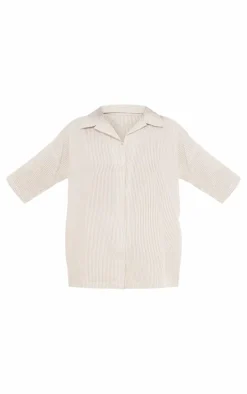 Stone Textured Linen Look Striped Oversized Short Sleeve Shirt