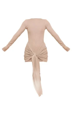 Stone Textured Long Sleeve Tie Waist Mini Dress