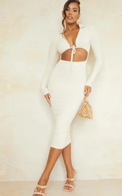 Stone Tie Bust Detail Brushed Rib Long Sleeve Midaxi Dress