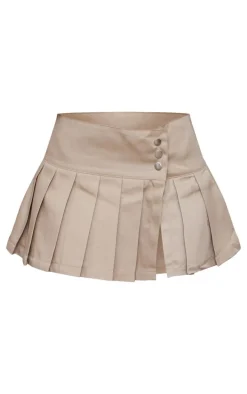 Stone Twill Button Detail Box Pleated Mini Skater Skirt