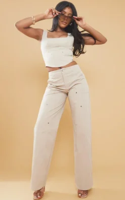 Stone Twill Contrast Seam Straight Leg Cargo Pants