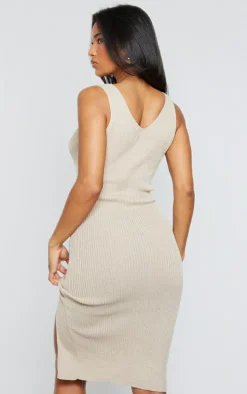 Stone V Neck Knitted Side Split Midi Dress