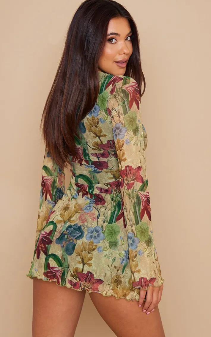 Stone Vintage Floral Mesh Underbust Detail Shift Dress