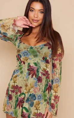 Stone Vintage Floral Mesh Underbust Detail Shift Dress