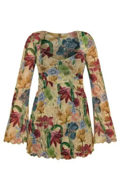 Stone Vintage Floral Mesh Underbust Detail Shift Dress