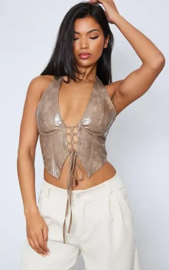 Stone Washed Faux Leather Lace Up Plunge Halter Neck Top