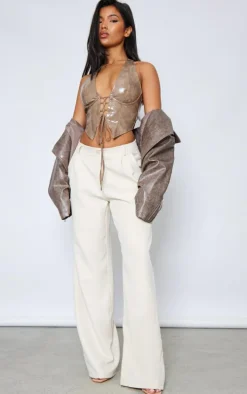 Stone Washed Faux Leather Lace Up Plunge Halter Neck Top