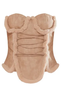 Stone Washed Faux Leather Lace Up Front Fur Trim Under Wire Crop Top