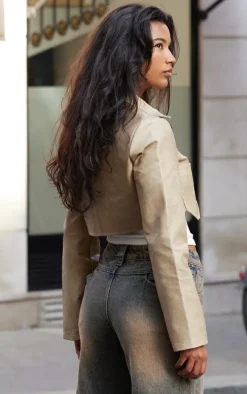 Stone Washed Faux Leather Double Pocket Cropped Shirt