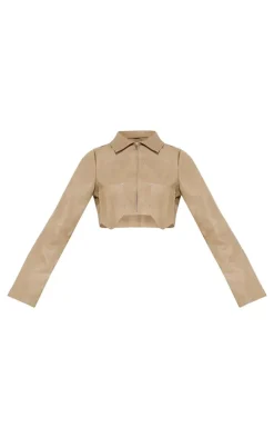 Stone Washed Faux Leather Double Pocket Cropped Shirt