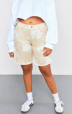 Stone Washed Twill Oversized Raw Hem Long Shorts