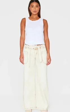 Stone Washed Twill Tie Belt Detail Wide Leg Pants