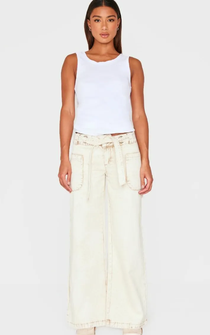 Stone Washed Twill Tie Belt Detail Wide Leg Pants
