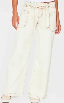 Stone Washed Twill Tie Belt Detail Wide Leg Pants
