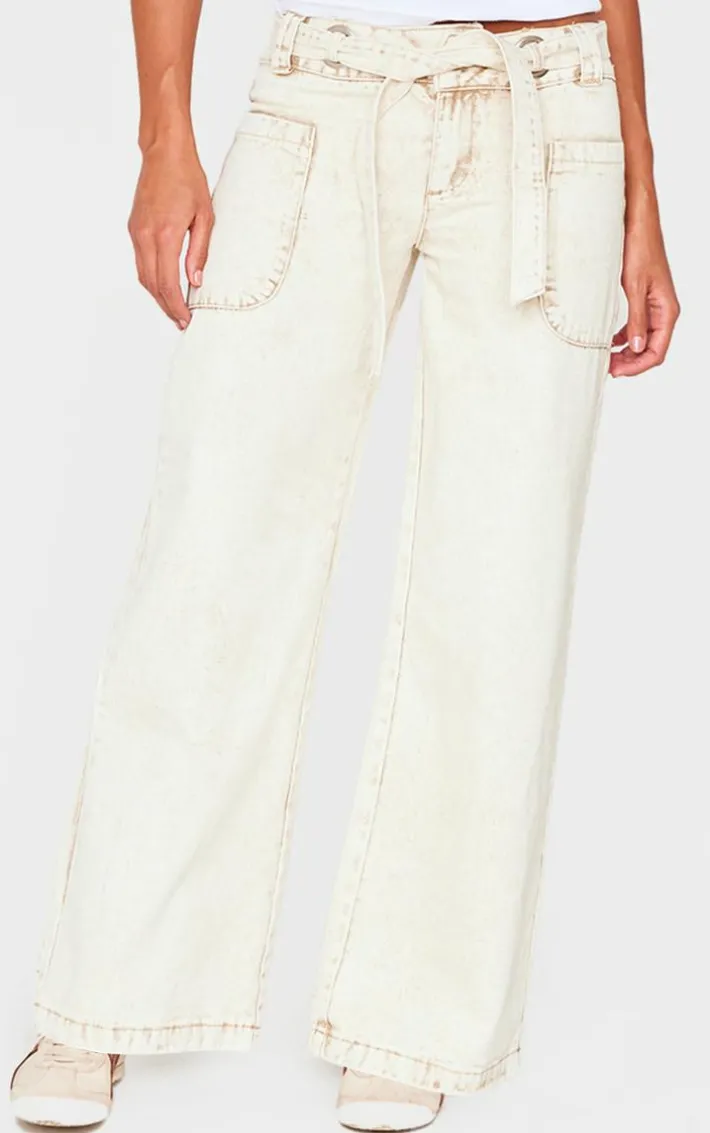 Stone Washed Twill Tie Belt Detail Wide Leg Pants