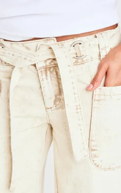 Stone Washed Twill Tie Belt Detail Wide Leg Pants