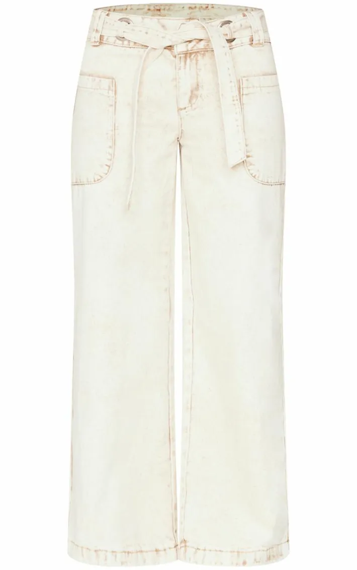 Stone Washed Twill Tie Belt Detail Wide Leg Pants