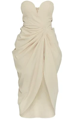 Stone Woven Bandeau V Bar Gathered Hip Midi Dress