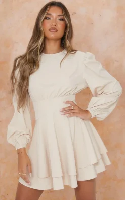 Stone Woven Binding Waist Detail Puff Long Sleeve Shift Dress