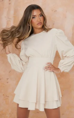 Stone Woven Binding Waist Detail Puff Long Sleeve Shift Dress