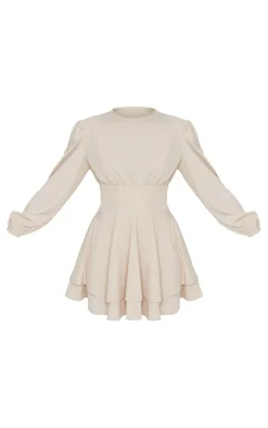 Stone Woven Binding Waist Detail Puff Long Sleeve Shift Dress