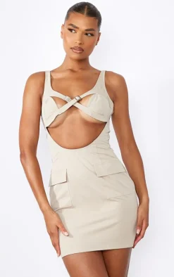 Stone Woven Buckle Trim Cargo Style Bodycon Dress