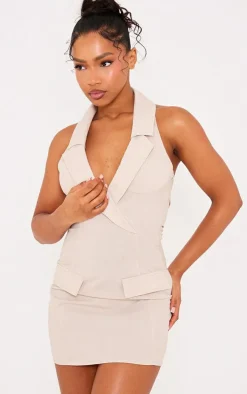 Stone Woven Halter Neck Pocket Detail Mini Dress