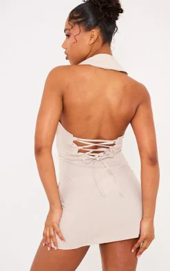 Stone Woven Halter Neck Pocket Detail Mini Dress