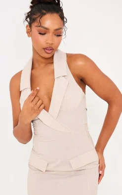 Stone Woven Halter Neck Pocket Detail Mini Dress