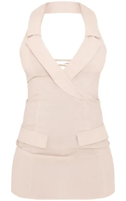 Stone Woven Halter Neck Pocket Detail Mini Dress