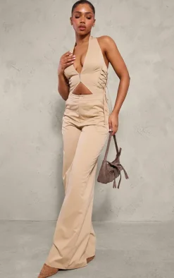 Stone Woven Halter Zip Detail Lace Up Jumpsuit