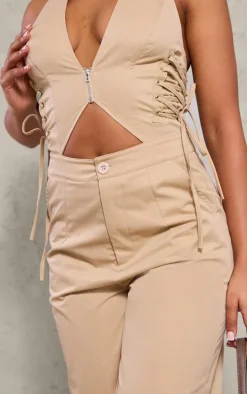 Stone Woven Halter Zip Detail Lace Up Jumpsuit