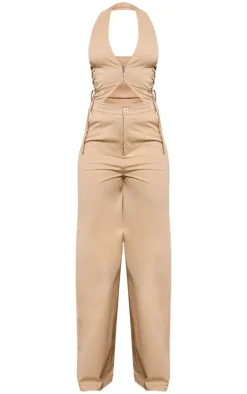 Stone Woven Halter Zip Detail Lace Up Jumpsuit