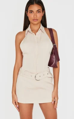 Stone Woven High Neck Belted Skort Romper