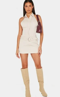 Stone Woven High Neck Belted Skort Romper