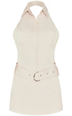 Stone Woven High Neck Belted Skort Romper