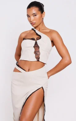 Stone Woven Lace Trim One Shoulder Asymmetric Hem Corset