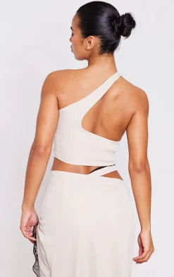 Stone Woven Lace Trim One Shoulder Asymmetric Hem Corset