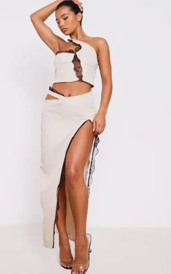 Stone Woven Lace Trim One Shoulder Asymmetric Hem Corset