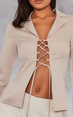 Stone Woven Lace Up Front Shirt